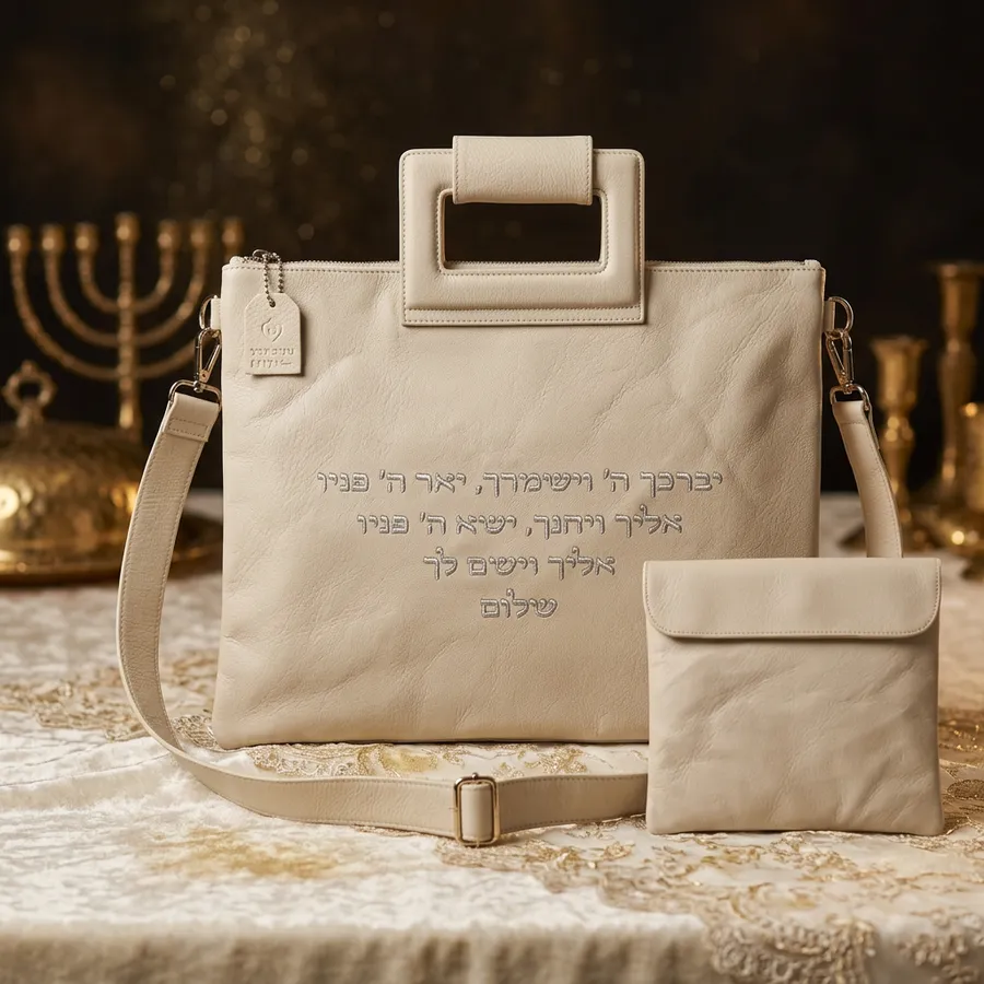סט תיק טלית תפילין פיו לבן יברכך אותיות בולטות זהב