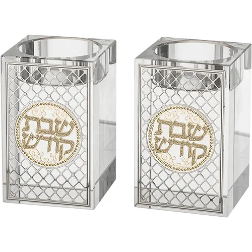 זוג פמוטי קריסטל מרובע עם פלקטה "עיטור" 8 ס"מ - טבעי